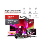 Carte mémoire microsd sandisk classe 10 uhs 1 sur fond blanc detail capacite echangable