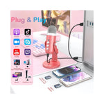 Vue latérale du microphone USB rose avec connecteur USB visible
