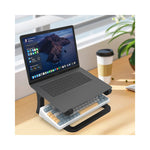 Vue latérale du support ergonomique PC montrant le repose-clavier et les ajustements multiples