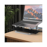Support ergonomique PC gaming vue frontale avec repose-clavier gris