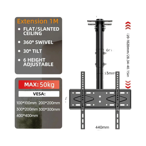 Support plafond BEISHI pivotant TV LED LCD noir 26-65" charge max 110lbs